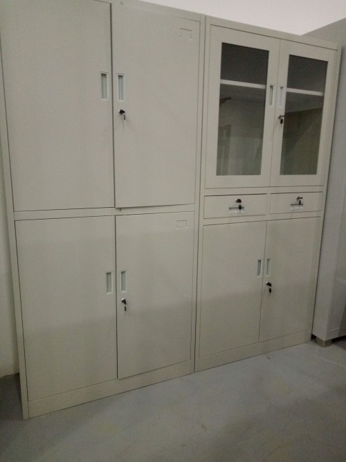 Steel Storage Cabinet with Glass Doors and Lockable Compartments